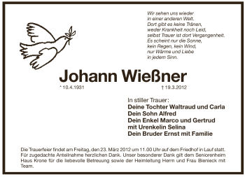 Traueranzeige von Johann Wießner von Pegnitz-Zeitung